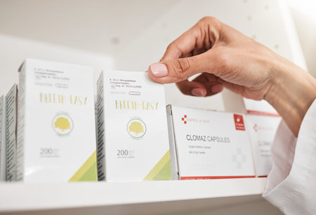 Person, pharmacist and hands with box on shelf for inventory inspection or checking stock at...