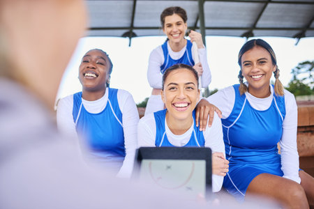 Tablet strategy, netball team and exercise women with coach for fitness, challenge and match play....