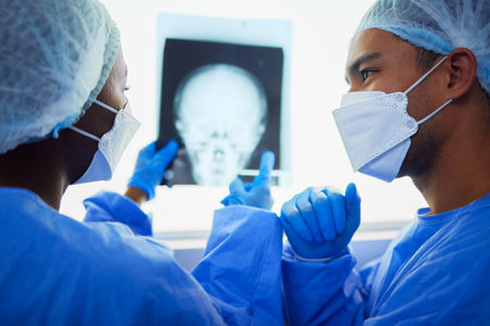 Skull xray, doctors and medical discussion for planning test results, charts and health advice for...