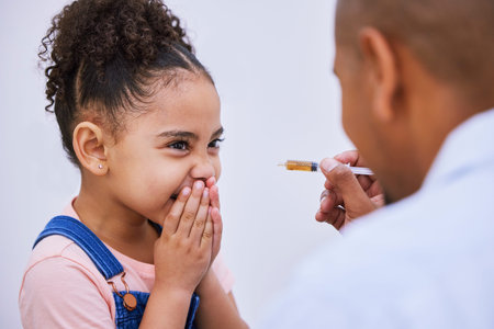 Sick, syringe and funny with child and medicine for consulting, helping and illness. Medical,...