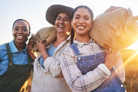 Smile, farming and portrait of women with harvest bags, food and happy with sustainability....