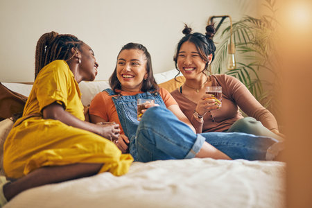 Friends, conversation and women with drink in home for relaxing, bonding and talking together. Friendship, happy and group of people laughing for relationship, visit and chat on sofa in living roomの写真素材