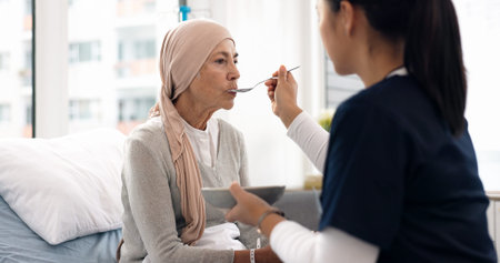 Cancer, nurse and food with old woman in hospital for help, medical and support. Healthcare,...