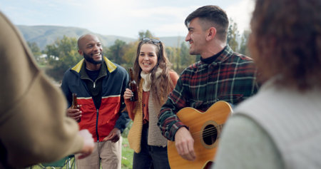 Singing, camping or happy friends with guitar dancing together in nature, woods or park on vacation....