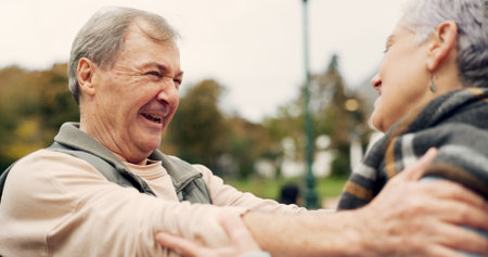 Love, dance and happy with old couple in park for marriage, support and romance. Relax, happiness...