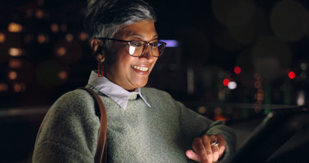 Woman, night business and tablet on city rooftop, office building and social networking connection,...