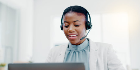Black woman, call center and consulting on laptop for telemarketing, customer service or desktop...