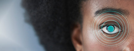 Black woman, eye scan and futuristic biometric in verification, identification or access on banner....
