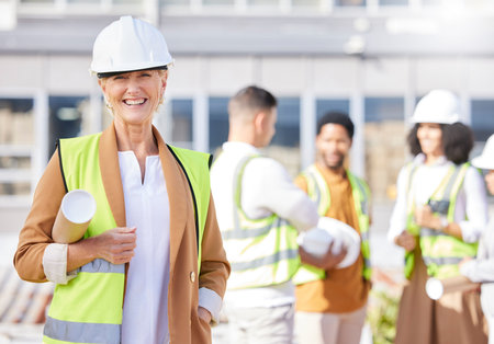 Senior woman, architect and blueprint, inspection at construction site with maintenance, contractor...