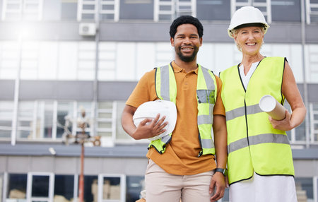 Portrait of man, woman and civil engineering at construction site for property development,...