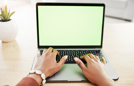 Laptop, mockup and hands of woman in home office for remote work, internet or search from above. Space, screen and keyboard with freelance female influencer for social media, blog or podcast startupの写真素材
