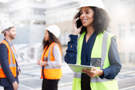 Phone call, engineering and a woman outdoor talking about planning, development or project...