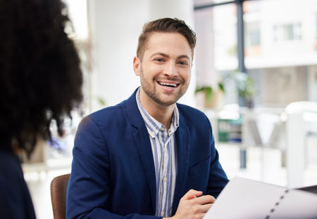 Happy, meeting and portrait of business man in office smile for teamwork, collaboration and...