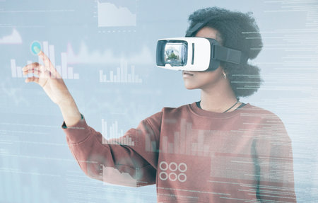 Virtual reality, hologram statistics and woman in studio with user interface, metaverse and data...