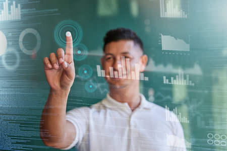 Hologram, virtual panel or professional man point, touch or press stock exchange cybersecurity,...