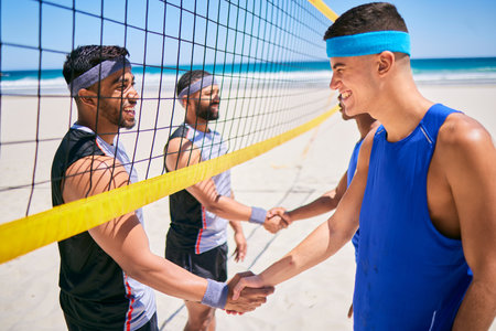 Volleyball, team and people shaking hands at beach in competition, game and welcome to match. Handshake, sports and happy men at ocean in group agreement, introduction and fitness exercise in summer.の写真素材