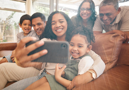 Family selfie, happy grandparents and children on sofa with hug, love and relax together at home for...
