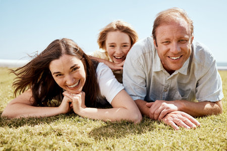 Portrait, family and smile on vacation at beach, bonding and funny laugh together. Parents, children...