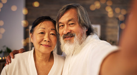 Selfie, relax and love with old couple at spa for social media, anniversary and celebration. Beauty...