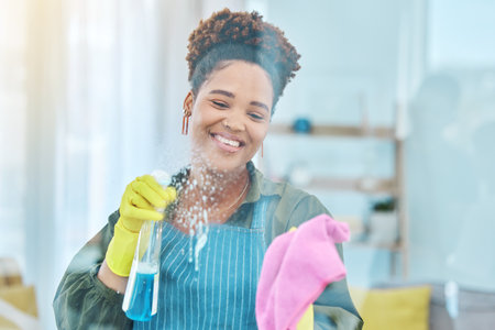 African woman, cleaning window with chemical spray and cloth, smile for hygiene and housekeeping or hospitality. Cleaner, liquid detergent and disinfectant, service or maintenance with labor and foamの写真素材