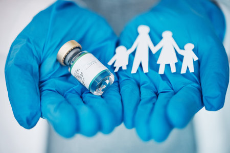 Medical, vaccine and paper family with hands of doctor for life insurance, support and surgery....