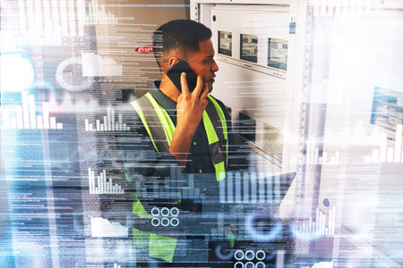 Electrician, engineering and phone call with technology hologram in a control room for maintenance....