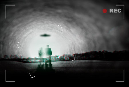 Alien, spaceship and people recording with UFO in sky in nature for fantasy, science fiction and...