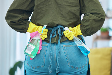 Back, hands and cleaning with a professional housekeeper in the living room of a home for hygiene....