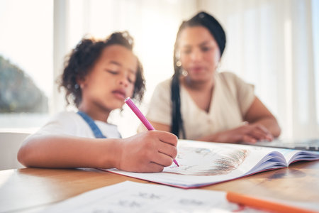 Homework, education and mother helping child by the dining room table in the family home. Elearning,...