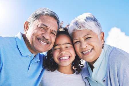 Child, sky or portrait of happy grandparents bonding in Brazil to relax with love, smile or care in...