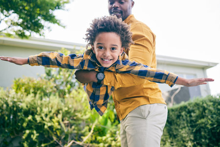 Portrait, garden or child playing with father to relax or bond as a happy family with love or care,...