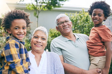 Portrait, love and children with grandparents in a backyard for bond, care and fun together outdoor....