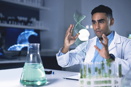 Man, dna hologram and biochemistry lab with thinking, plant study and data for health, medical...