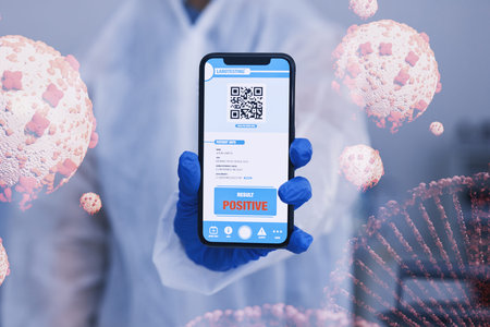 Hand, phone screen and qr code for positive covid test, gloves for safety, health or dna hologram....