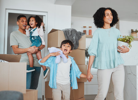 Happy kids, wow or excited parents in new home, real estate property investment or rental apartment. Surprise, shocked father or children walking or holding hands with mom in family house togetherの写真素材