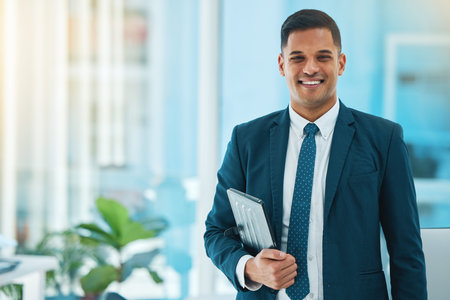 Business man, tablet and portrait in office with web management and work pride. Employee, confidence...