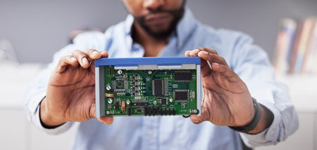 Circuit board, hands and technician with computer hardware, man in office with maintenance and...