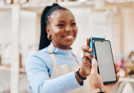 Fintech, black woman and payment with smartphone screen, finance or service with cashless...