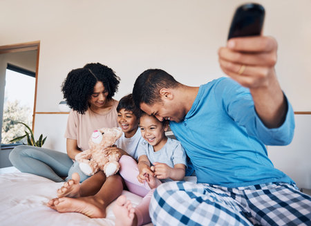 Remote control, happy family and bond in bed with television, weekend and relax in their home. Tv,...