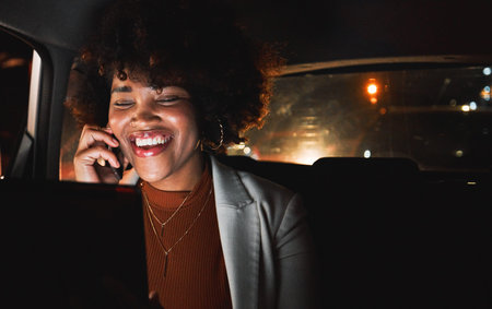 Taxi, happy and a woman on a phone call with a laptop for communication and contact at night. Smile,...