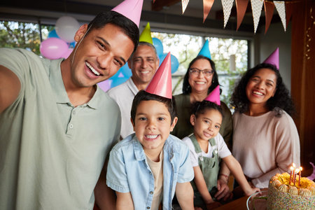 Family selfie, birthday party and cake with kids, celebration and support with smile, hat and...