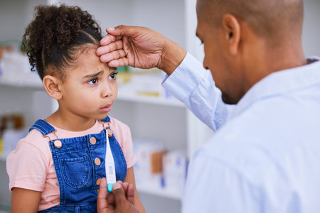 Check for fever, thermometer and child with pediatrician at pharmacy, health and sick with medicine...