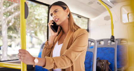 Frustrated, call and woman on bus with public transportation, discussion and spam talk. Angry,...