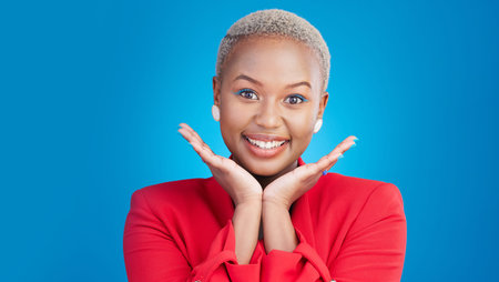 Smile, beauty and portrait of black woman in studio with an excited, confident or positive attitude....