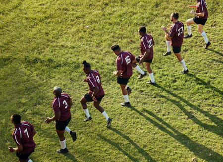 Sports, team and men in field for training, workout and exercise on grass for rugby competition....