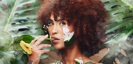Skincare portrait, flowers and nature woman with eco product, facial makeup and natural cosmetics,...