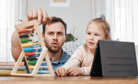 Tablet, abacus and father with girl for homework for creative learning, education and development....