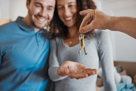 Hand, love or happy couple with house keys in real estate, property investment or buying apartment....