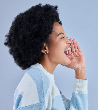 Profile, announcement and black woman shouting to call in studio isolated on a blue background....