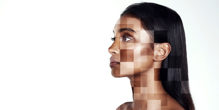 Beauty, profile and facial recognition for skincare with a woman in studio isolated on white...
